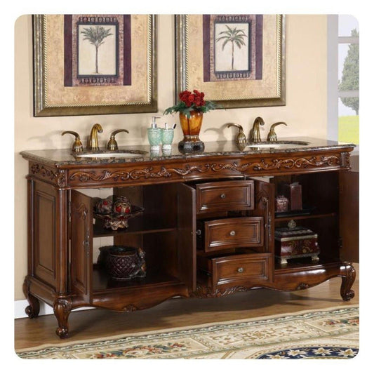 Silkroad Exclusive 72" Double Sink English Chestnut Bathroom Vanity With Baltic Brown Granite Countertop and Ivory Ceramic Undermount Sink - HYP-8034-BB-UIC-72