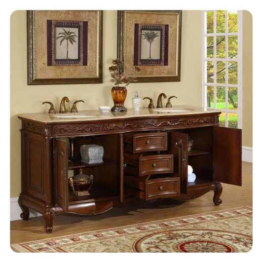 Silkroad Exclusive 72" Double Sink English Chestnut Bathroom Vanity With Travertine Countertop and Ivory Ceramic Undermount Sink - HYP-8034-T-UIC-72
