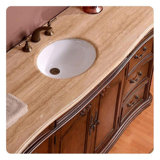Silkroad Exclusive 72" Double Sink English Chestnut Bathroom Vanity With Travertine Countertop and White Ceramic Undermount Sink - ZY-0247-T-UWC-72