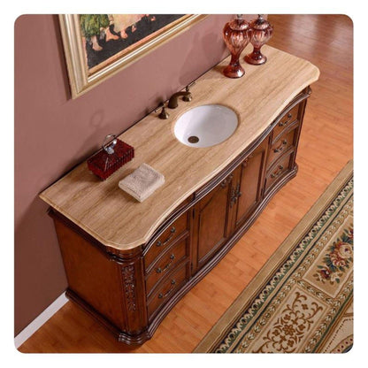 Silkroad Exclusive 72" Double Sink English Chestnut Bathroom Vanity With Travertine Countertop and White Ceramic Undermount Sink - ZY-0247-T-UWC-72