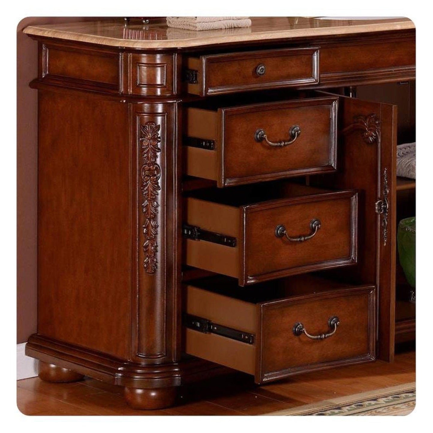 Silkroad Exclusive 72" Double Sink English Chestnut Bathroom Vanity With Travertine Countertop and White Ceramic Undermount Sink - ZY-0247-T-UWC-72