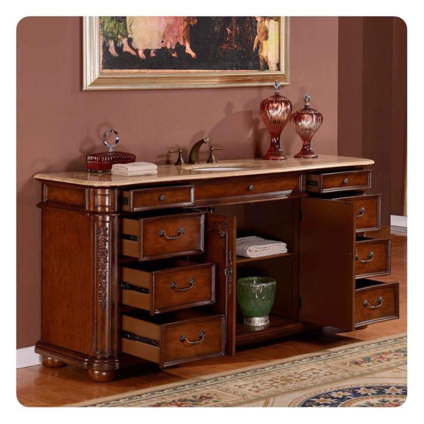 Silkroad Exclusive 72" Double Sink English Chestnut Bathroom Vanity With Travertine Countertop and White Ceramic Undermount Sink - ZY-0247-T-UWC-72
