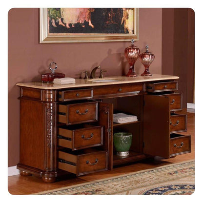 Silkroad Exclusive 72" Double Sink English Chestnut Bathroom Vanity With Travertine Countertop and White Ceramic Undermount Sink - ZY-0247-T-UWC-72