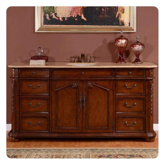 Silkroad Exclusive 72" Double Sink English Chestnut Bathroom Vanity With Travertine Countertop and White Ceramic Undermount Sink - ZY-0247-T-UWC-72
