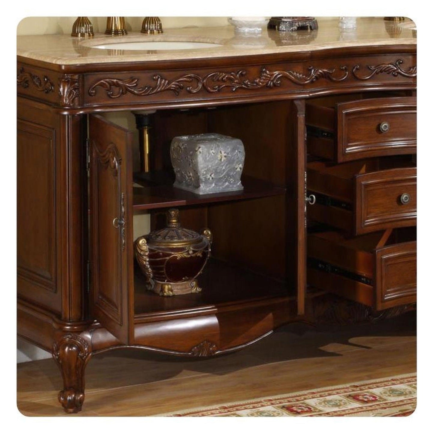Silkroad Exclusive 72" Double Sink English Chestnut Bathroom Vanity With Travertine Countertop and Ivory Ceramic Undermount Sink - HYP-8034-T-UIC-72