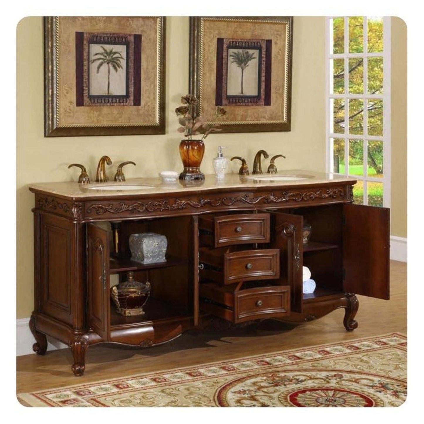 Silkroad Exclusive 72" Double Sink English Chestnut Bathroom Vanity With Travertine Countertop and Ivory Ceramic Undermount Sink - HYP-8034-T-UIC-72