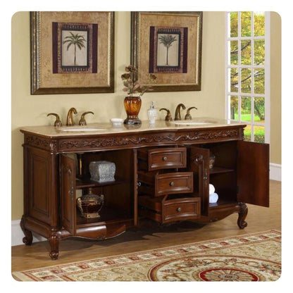 Silkroad Exclusive 72" Double Sink English Chestnut Bathroom Vanity With Travertine Countertop and Ivory Ceramic Undermount Sink - HYP-8034-T-UIC-72