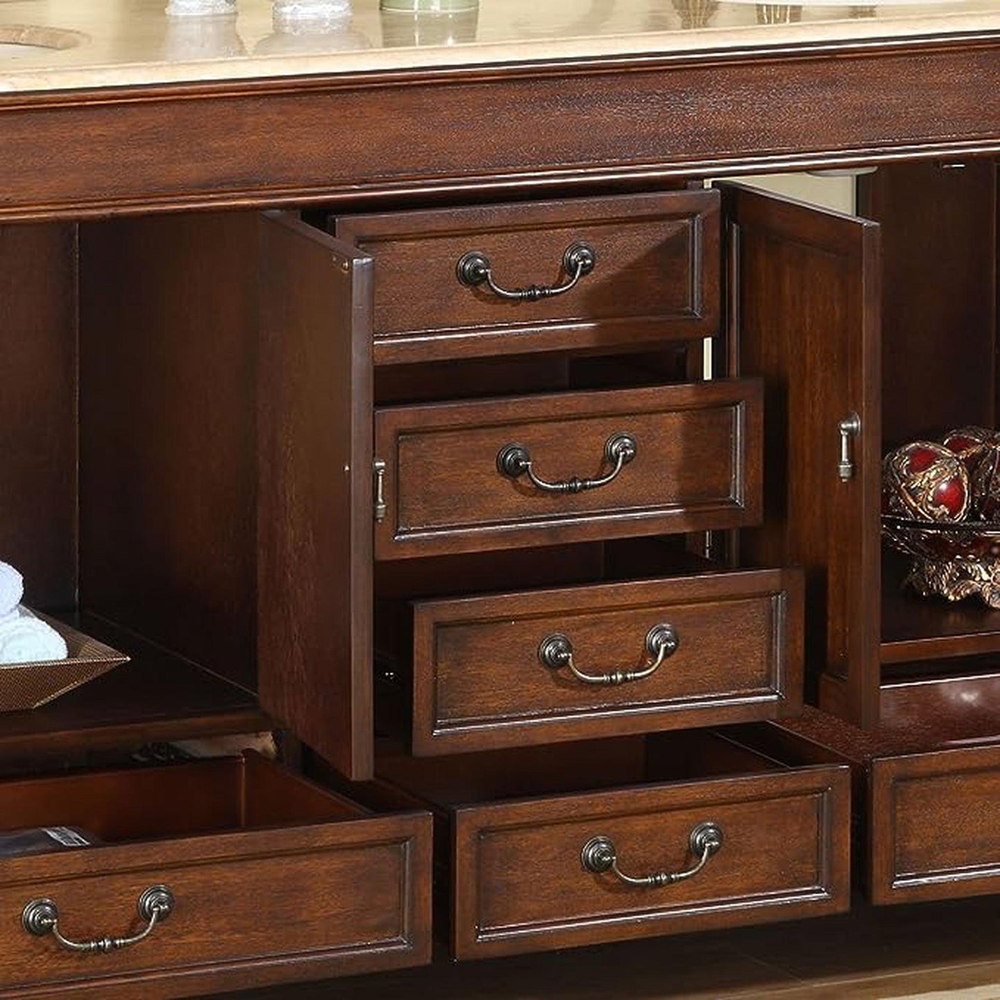 Silkroad Exclusive 72" Double Sink Red Chestnut Bathroom Vanity With Travertine Countertop and Ivory Ceramic Undermount Sink - HYP-0715-T-UIC-72