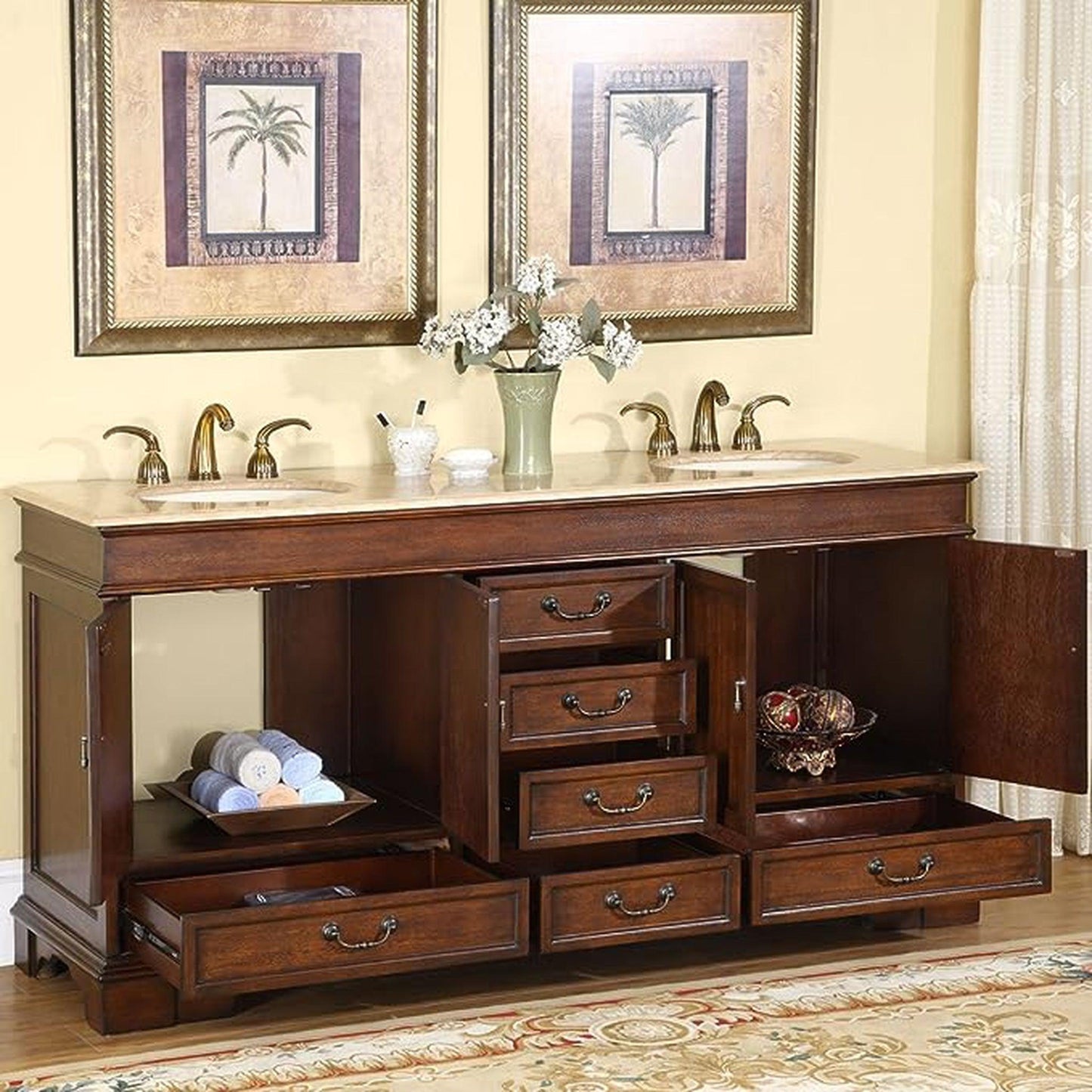 Silkroad Exclusive 72" Double Sink Red Chestnut Bathroom Vanity With Travertine Countertop and Ivory Ceramic Undermount Sink - HYP-0715-T-UIC-72