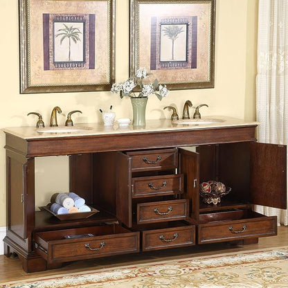 Silkroad Exclusive 72" Double Sink Red Chestnut Bathroom Vanity With Travertine Countertop and Ivory Ceramic Undermount Sink - HYP-0715-T-UIC-72