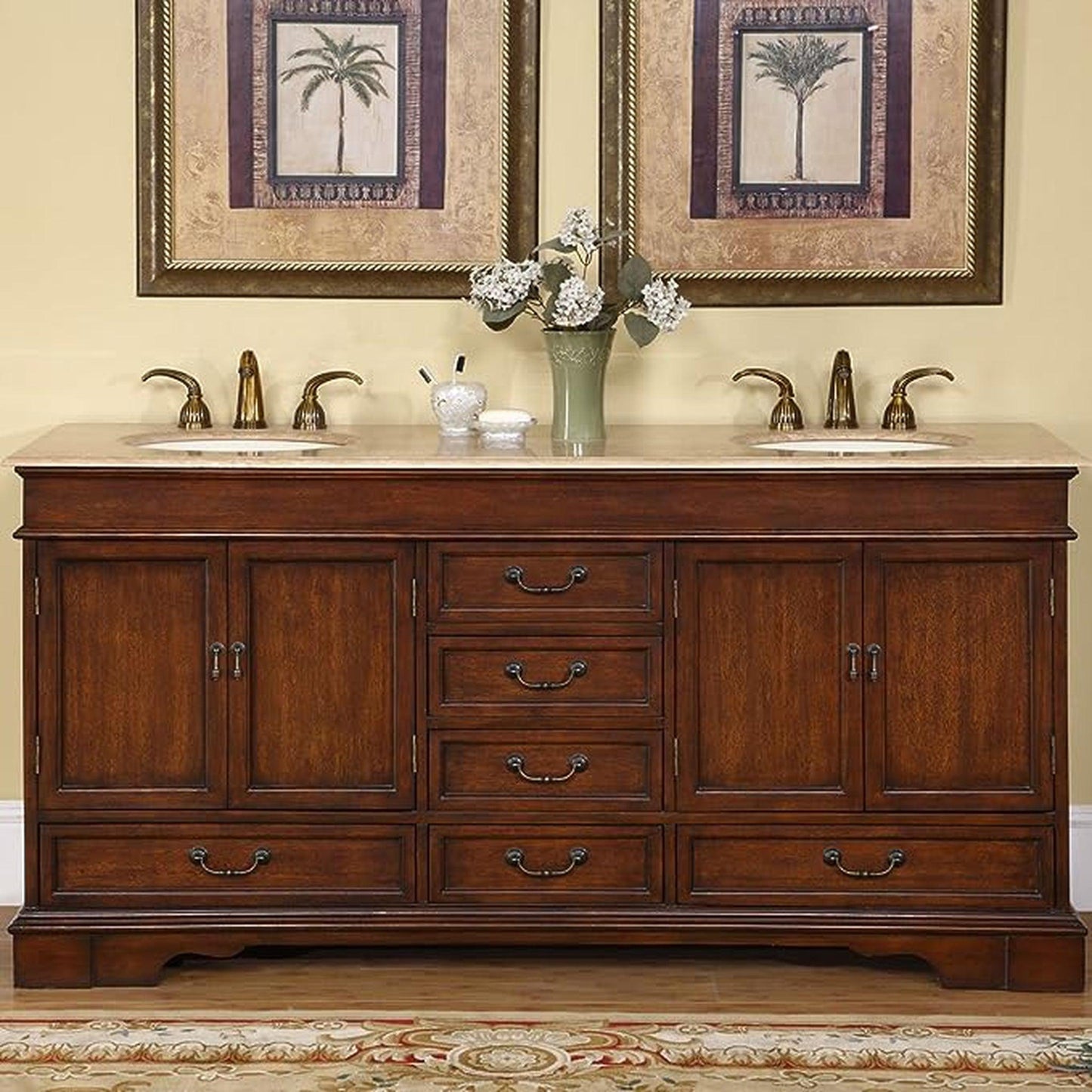 Silkroad Exclusive 72" Double Sink Red Chestnut Bathroom Vanity With Travertine Countertop and Ivory Ceramic Undermount Sink - HYP-0715-T-UIC-72