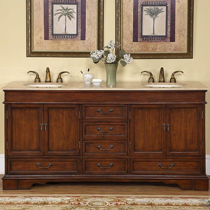 Silkroad Exclusive 72" Double Sink Red Chestnut Bathroom Vanity With Travertine Countertop and Ivory Ceramic Undermount Sink - HYP-0715-T-UIC-72