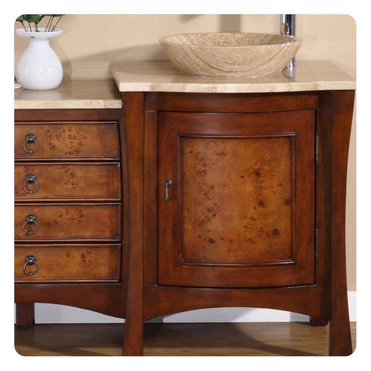 Silkroad Exclusive 72" Double Sink Red Chestnut Bathroom Vanity With Travertine Countertop and Travertine Round Vessel Sink - HYP-0714-T-TT-72