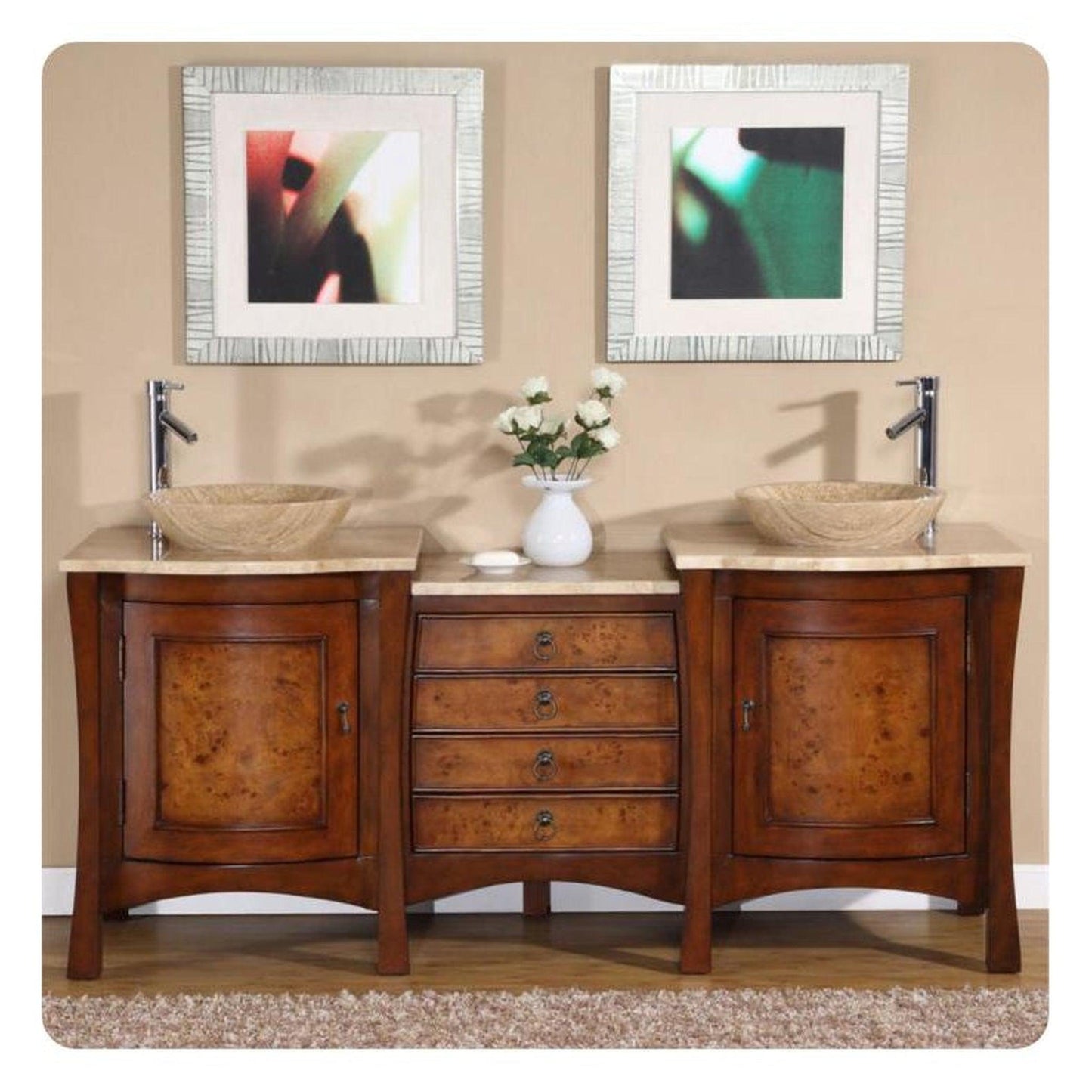 Silkroad Exclusive 72" Double Sink Red Chestnut Bathroom Vanity With Travertine Countertop and Travertine Round Vessel Sink - HYP-0714-T-TT-72