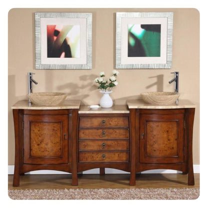 Silkroad Exclusive 72" Double Sink Red Chestnut Bathroom Vanity With Travertine Countertop and Travertine Round Vessel Sink - HYP-0714-T-TT-72
