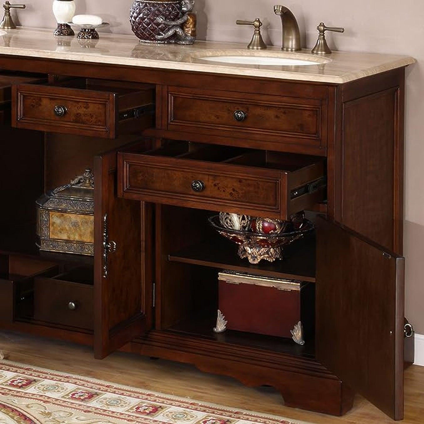 Silkroad Exclusive 72" Double Sink Red Chestnut Bathroom Vanity With Travertine Countertop and Ivory Ceramic Undermount Sink - HYP-0716-T-UIC-72