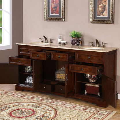 Silkroad Exclusive 72" Double Sink Red Chestnut Bathroom Vanity With Travertine Countertop and Ivory Ceramic Undermount Sink - HYP-0716-T-UIC-72