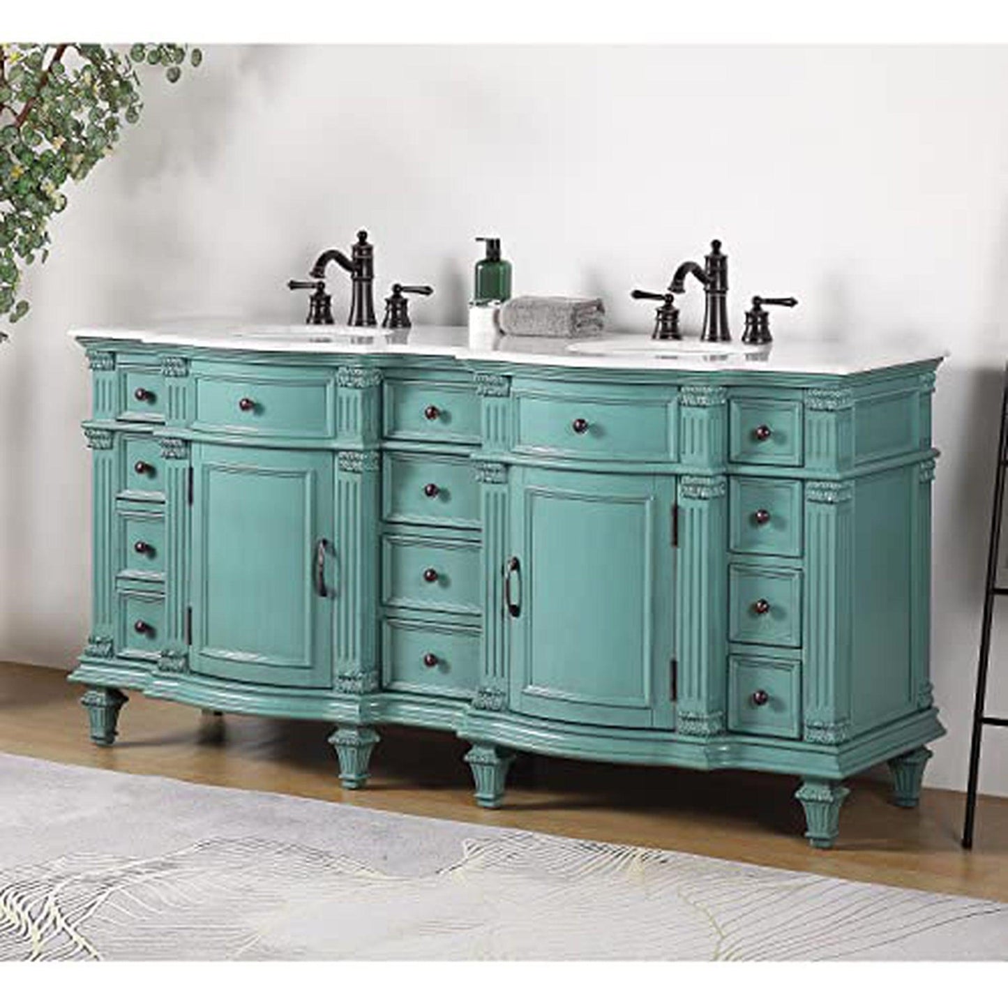 Silkroad Exclusive 72" Double Sink Retro Green Bathroom Vanity With Carrara White Marble Countertop and White Ceramic Undermount Sink - V0722NW72D