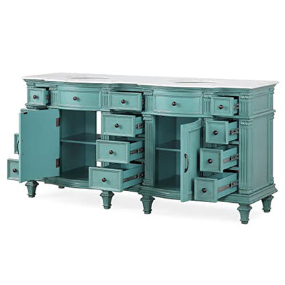 Silkroad Exclusive 72" Double Sink Retro Green Bathroom Vanity With Carrara White Marble Countertop and White Ceramic Undermount Sink - V0722NW72D