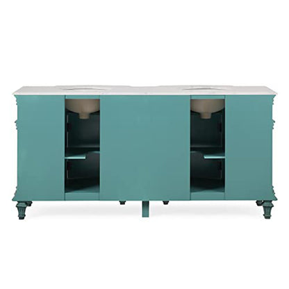 Silkroad Exclusive 72" Double Sink Retro Green Bathroom Vanity With Carrara White Marble Countertop and White Ceramic Undermount Sink - V0722NW72D