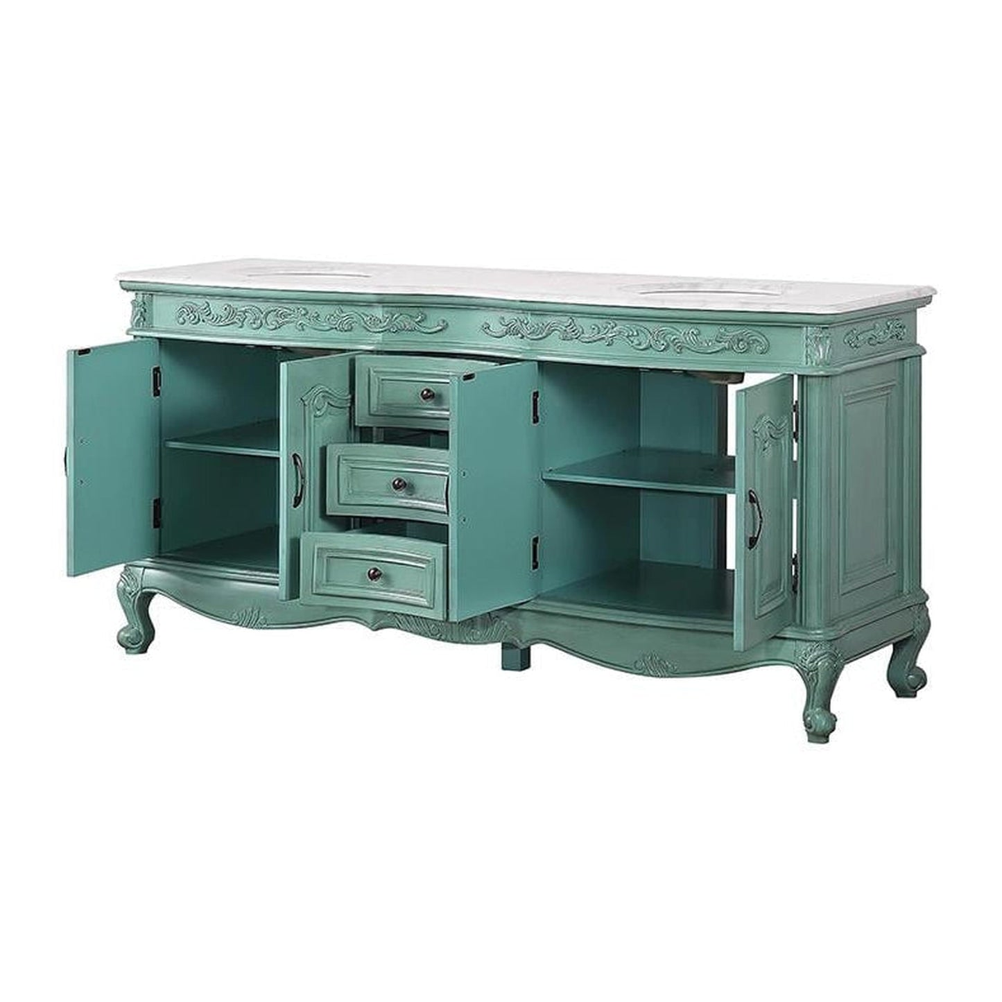 Silkroad Exclusive 72" Double Sink Vintage Green Bathroom Vanity With Carrara White Marble Countertop and White Ceramic Undermount Sink - V8034NW72D