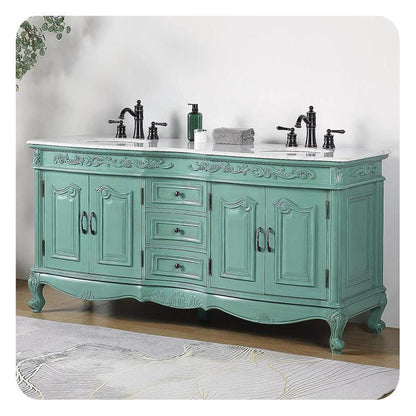 Silkroad Exclusive 72" Double Sink Vintage Green Bathroom Vanity With Carrara White Marble Countertop and White Ceramic Undermount Sink - V8034NW72D
