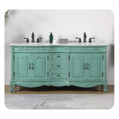 Silkroad Exclusive 72" Double Sink Vintage Green Bathroom Vanity With Carrara White Marble Countertop and White Ceramic Undermount Sink - V8034NW72D