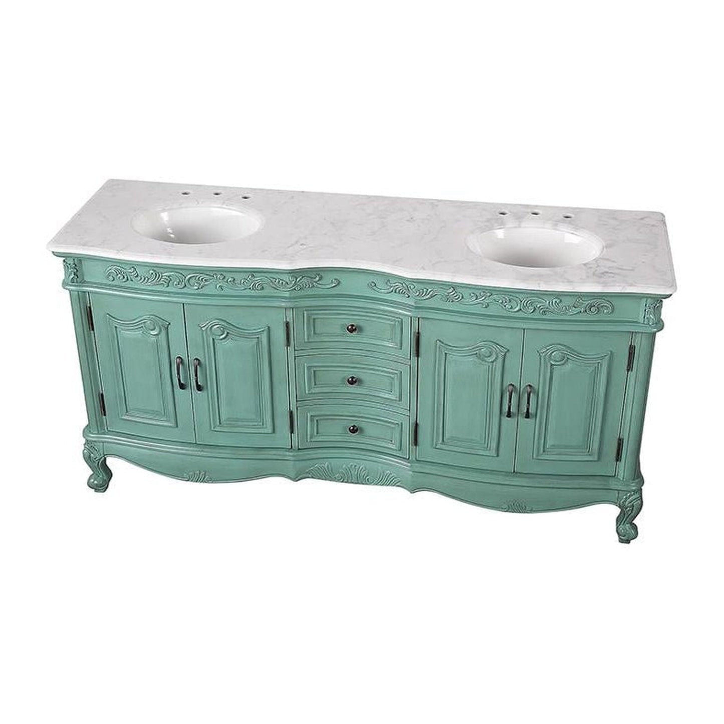 Silkroad Exclusive 60" Double Sink Retro Green Bathroom Vanity With Carrara White Marble Countertop and White Ceramic Undermount Sink - V0313NW60D