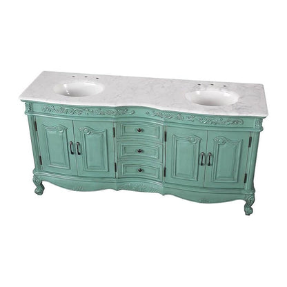 Silkroad Exclusive 60" Double Sink Retro Green Bathroom Vanity With Carrara White Marble Countertop and White Ceramic Undermount Sink - V0313NW60D