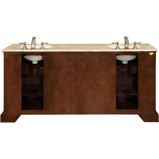 Silkroad Exclusive 72" Double Sink Red Chestnut Bathroom Vanity With Travertine Countertop and Ivory Ceramic Undermount Sink - HYP-0716-T-UIC-72