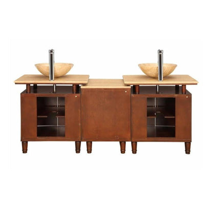 Silkroad Exclusive 73" Double Sink Dark Chestnut Bathroom Vanity With Travertine Countertop and Travertine Round Vessel Sink - HYP-0808N-T-73_S29B