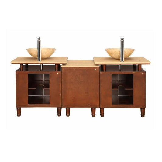 Silkroad Exclusive 73" Double Sink Dark Chestnut Bathroom Vanity With Travertine Countertop and Travertine Round Vessel Sink - HYP-0808N-T-73_S29B