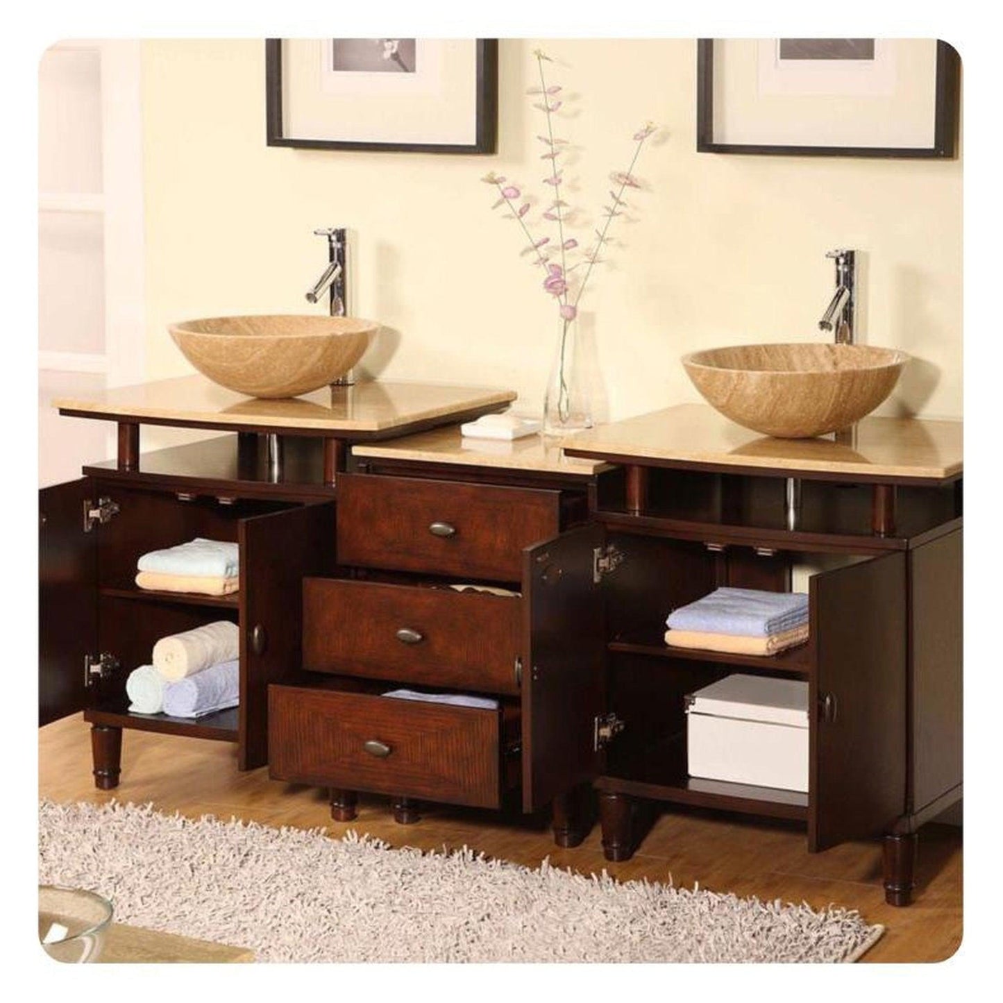Silkroad Exclusive 73" Double Sink Dark Chestnut Bathroom Vanity With Travertine Countertop and Travertine Round Vessel Sink - HYP-0808N-T-73_S29B