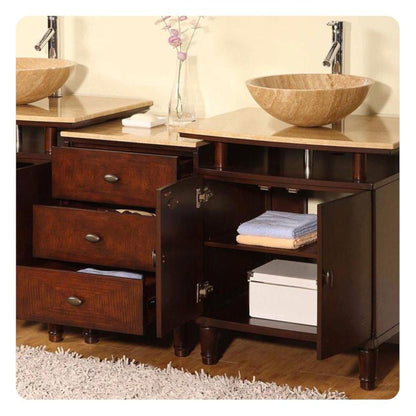 Silkroad Exclusive 73" Double Sink Dark Chestnut Bathroom Vanity With Travertine Countertop and Travertine Round Vessel Sink - HYP-0808N-T-73_S29B