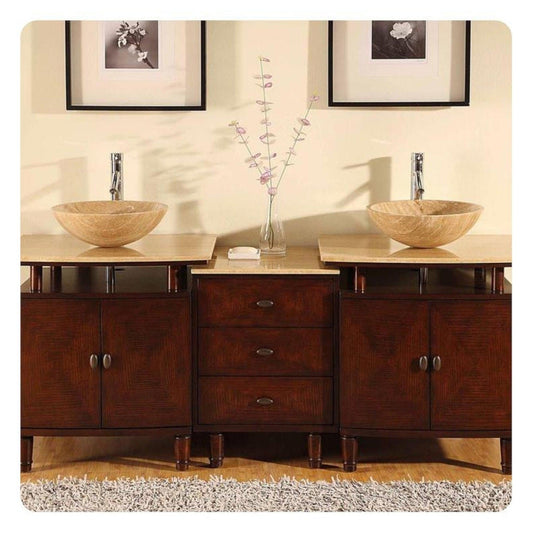 Silkroad Exclusive 73" Double Sink Dark Chestnut Bathroom Vanity With Travertine Countertop and Travertine Round Vessel Sink - HYP-0808N-T-73_S29B