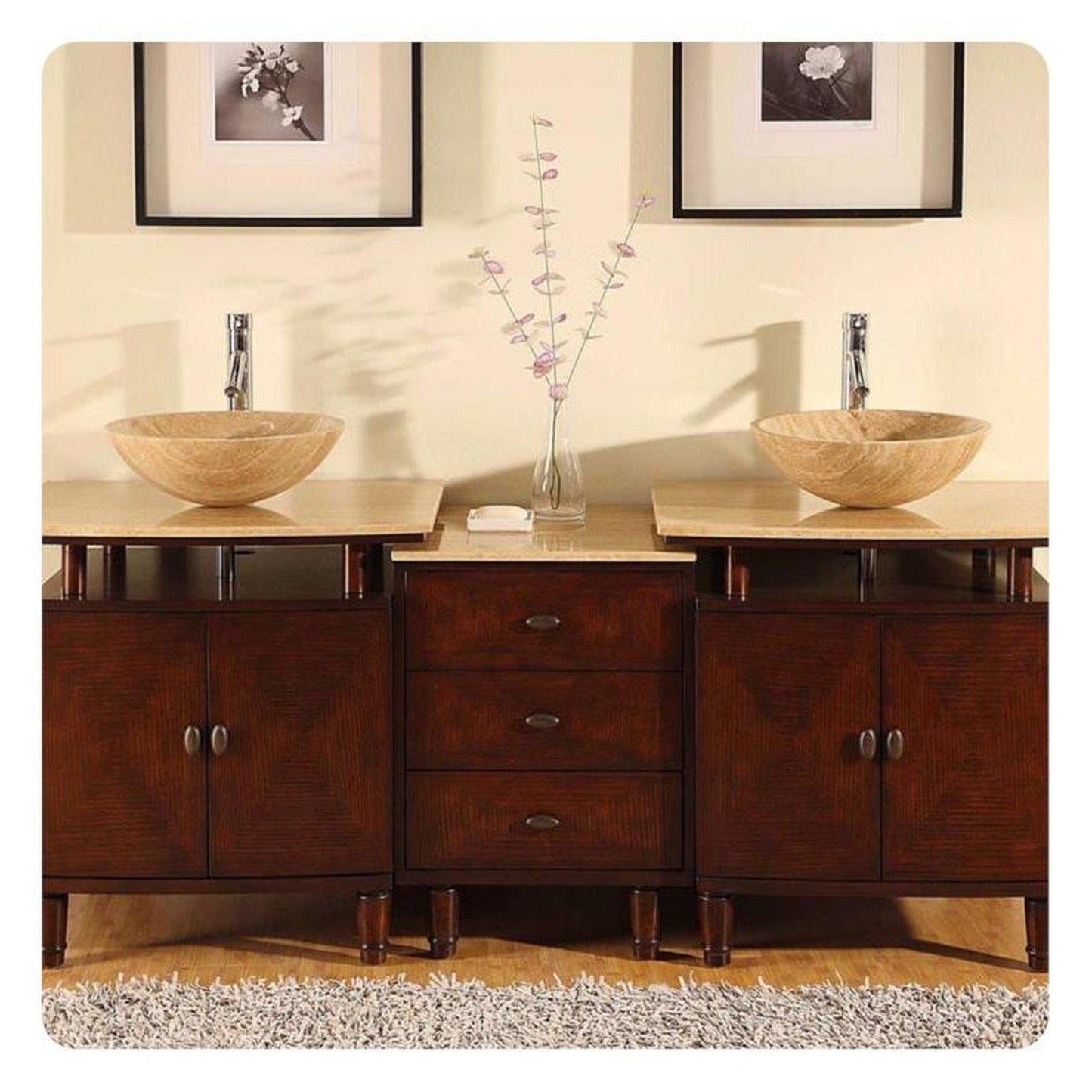 Silkroad Exclusive 73" Double Sink Dark Chestnut Bathroom Vanity With Travertine Countertop and Travertine Round Vessel Sink - HYP-0808N-T-73_S29B