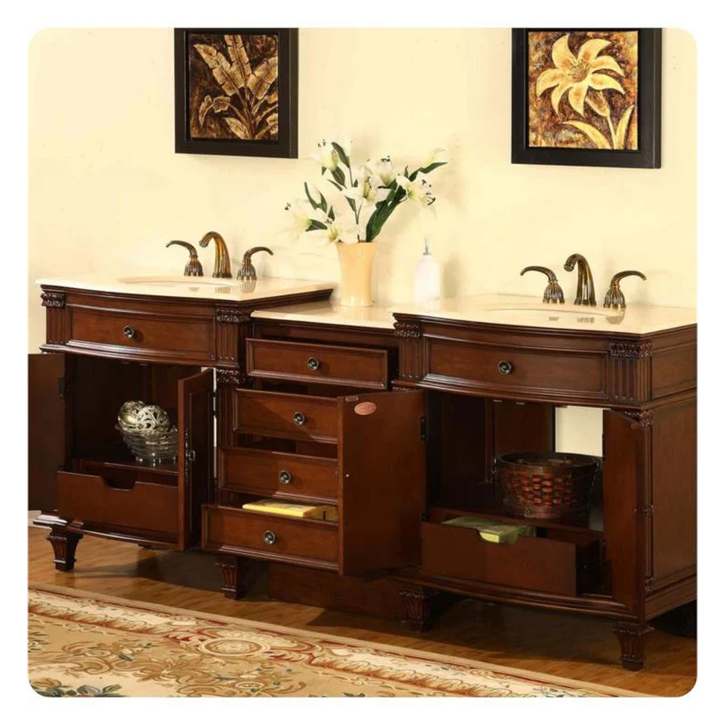 Silkroad Exclusive 80" Double Sink Cherry Modular Vanity with Crema Marfil Marble Countertop - HYP-0205-CM-UIC-80