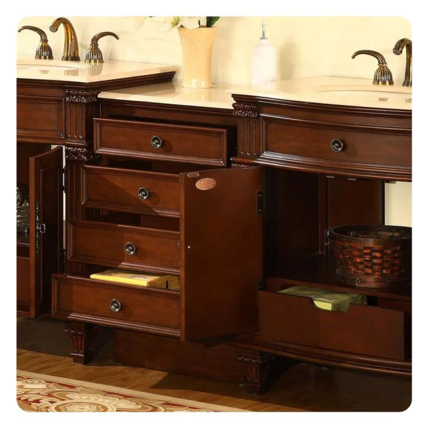 Silkroad Exclusive 80" Double Sink Cherry Modular Vanity with Crema Marfil Marble Countertop - HYP-0205-CM-UIC-80