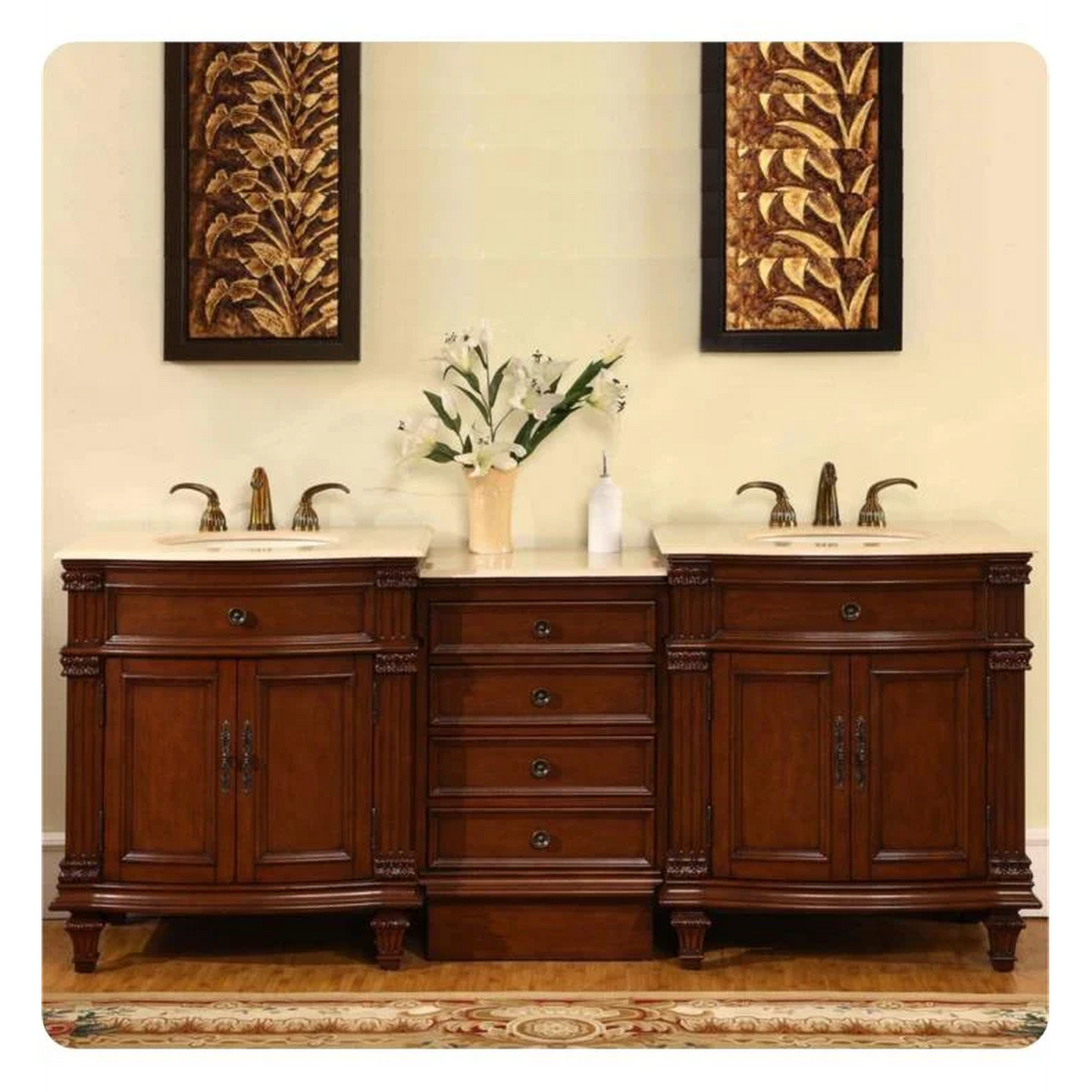 Silkroad Exclusive 80" Double Sink Cherry Modular Vanity with Crema Marfil Marble Countertop - HYP-0205-CM-UIC-80