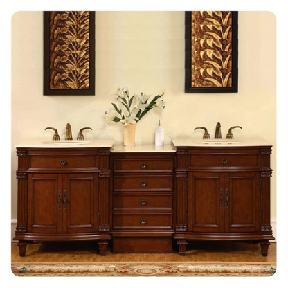 Silkroad Exclusive 80" Double Sink Cherry Modular Vanity with Crema Marfil Marble Countertop - HYP-0205-CM-UIC-80
