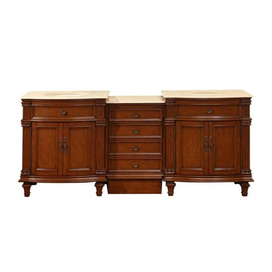 Silkroad Exclusive 80" Double Sink Cherry Modular Vanity with Crema Marfil Marble Countertop - HYP-0205-CM-UIC-80