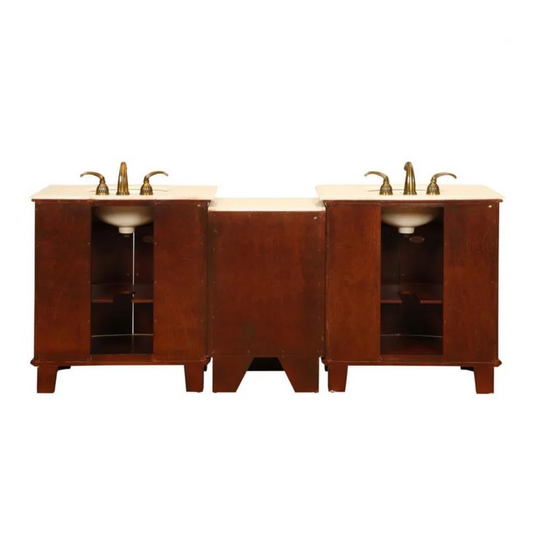 Silkroad Exclusive 84" Double Sink Cherry Modular Bathroom Vanity With Crema Marfil Marble Countertop, Ivory Ceramic Undermount Sink and Drawer Bank Cabinet - HYP-0204-CM-UIC-84