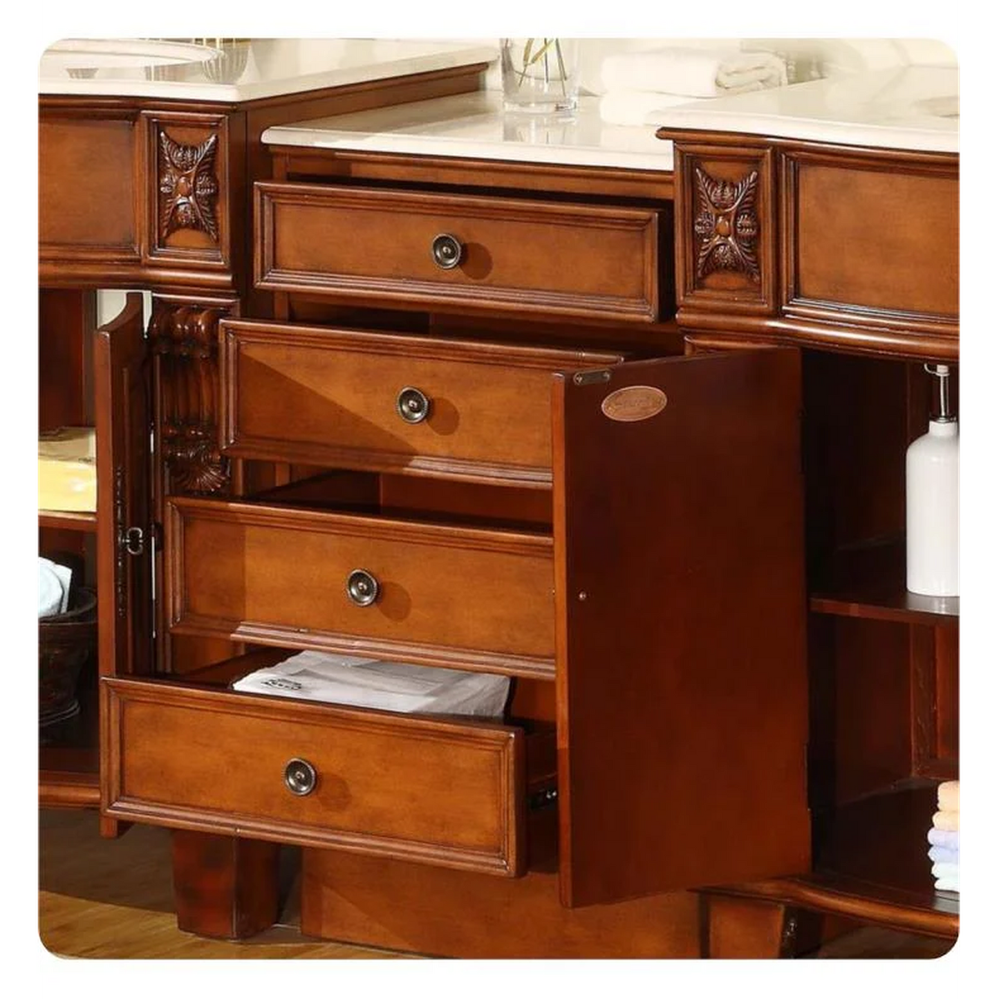 Silkroad Exclusive 84" Double Sink Cherry Modular Bathroom Vanity With Crema Marfil Marble Countertop, Ivory Ceramic Undermount Sink and Drawer Bank Cabinet - HYP-0204-CM-UIC-84