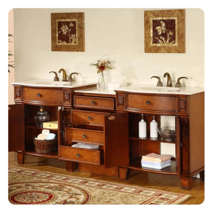 Silkroad Exclusive 84" Double Sink Cherry Modular Bathroom Vanity With Crema Marfil Marble Countertop, Ivory Ceramic Undermount Sink and Drawer Bank Cabinet - HYP-0204-CM-UIC-84