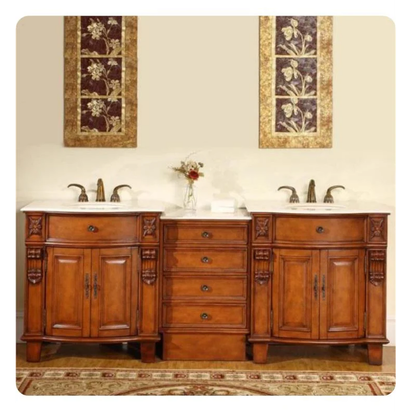 Silkroad Exclusive 84" Double Sink Cherry Modular Bathroom Vanity With Crema Marfil Marble Countertop, Ivory Ceramic Undermount Sink and Drawer Bank Cabinet - HYP-0204-CM-UIC-84