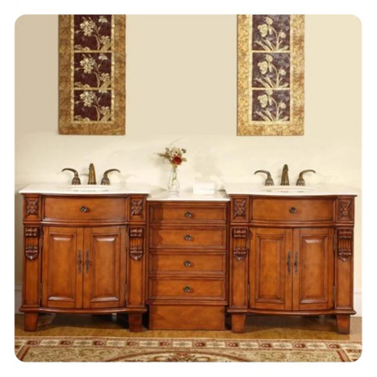 Silkroad Exclusive 84" Double Sink Cherry Modular Bathroom Vanity With Crema Marfil Marble Countertop, Ivory Ceramic Undermount Sink and Drawer Bank Cabinet - HYP-0204-CM-UIC-84