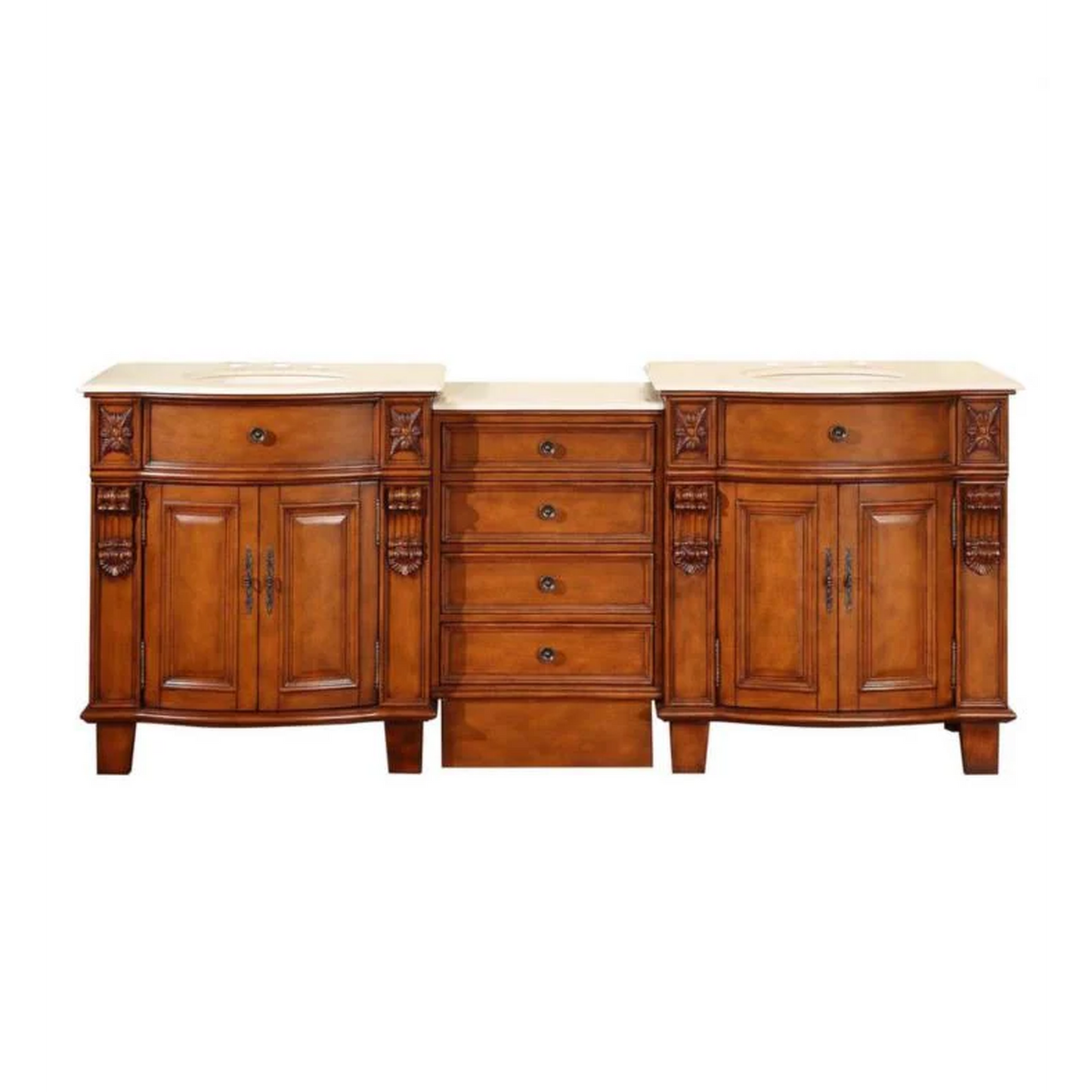 Silkroad Exclusive 84" Double Sink Cherry Modular Bathroom Vanity With Crema Marfil Marble Countertop, Ivory Ceramic Undermount Sink and Drawer Bank Cabinet - HYP-0204-CM-UIC-84