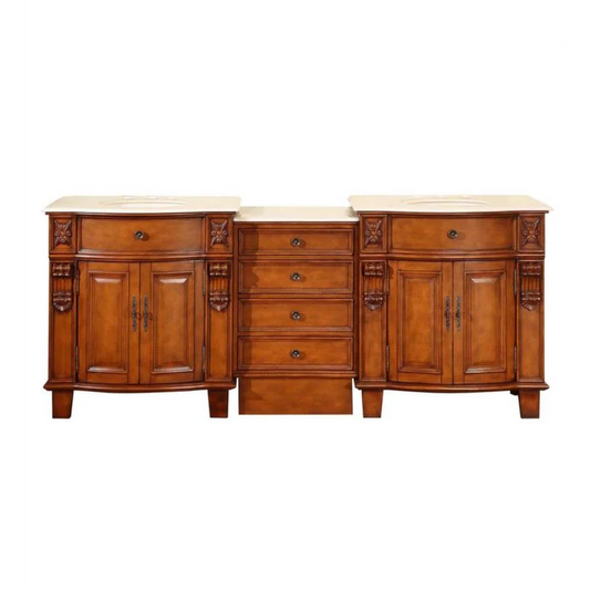 Silkroad Exclusive 84" Double Sink Cherry Modular Bathroom Vanity With Crema Marfil Marble Countertop, Ivory Ceramic Undermount Sink and Drawer Bank Cabinet - HYP-0204-CM-UIC-84