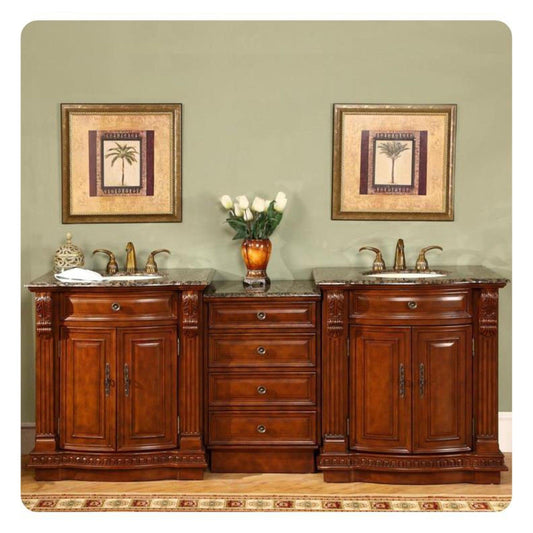 Silkroad Exclusive 85" Double Sink Cherry Modular Bathroom Vanity With Baltic Brown Granite Countertop, Ivory Ceramic Undermount Sink and Drawer Bank Cabine - HYP-0206-BB-UIC-85t