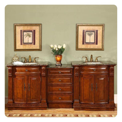 Silkroad Exclusive 85" Double Sink Cherry Modular Bathroom Vanity With Baltic Brown Granite Countertop, Ivory Ceramic Undermount Sink and Drawer Bank Cabine - HYP-0206-BB-UIC-85t